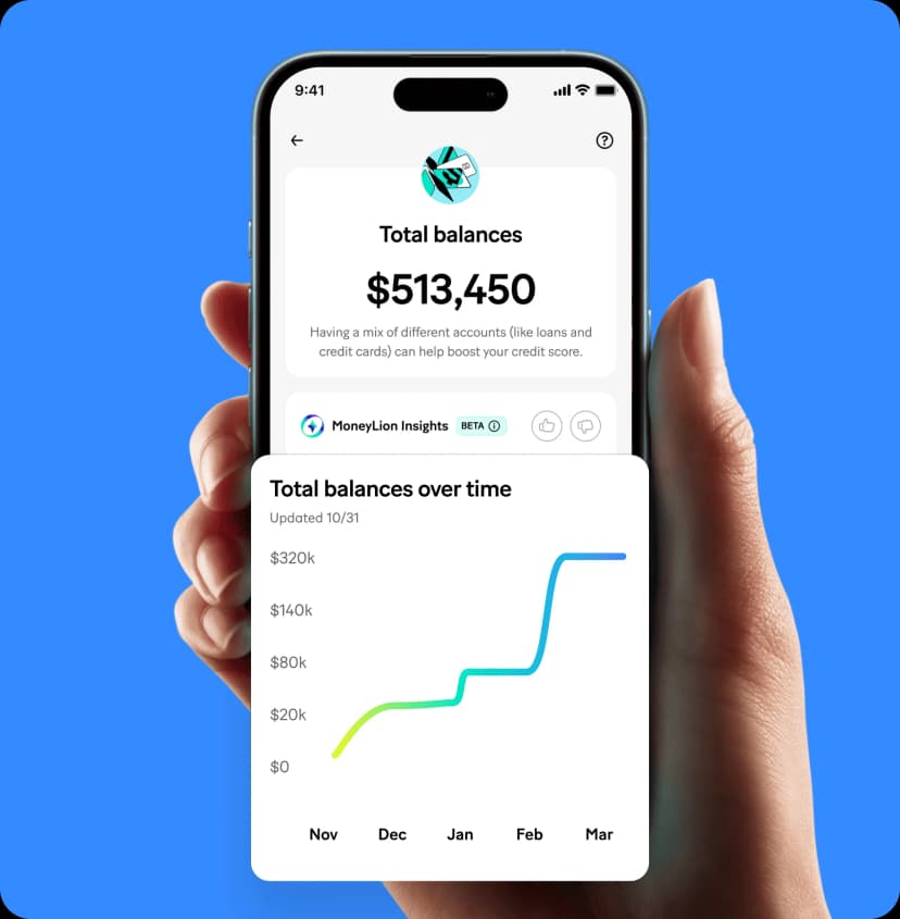 Smartphone, held in hand, showing total balances in app
